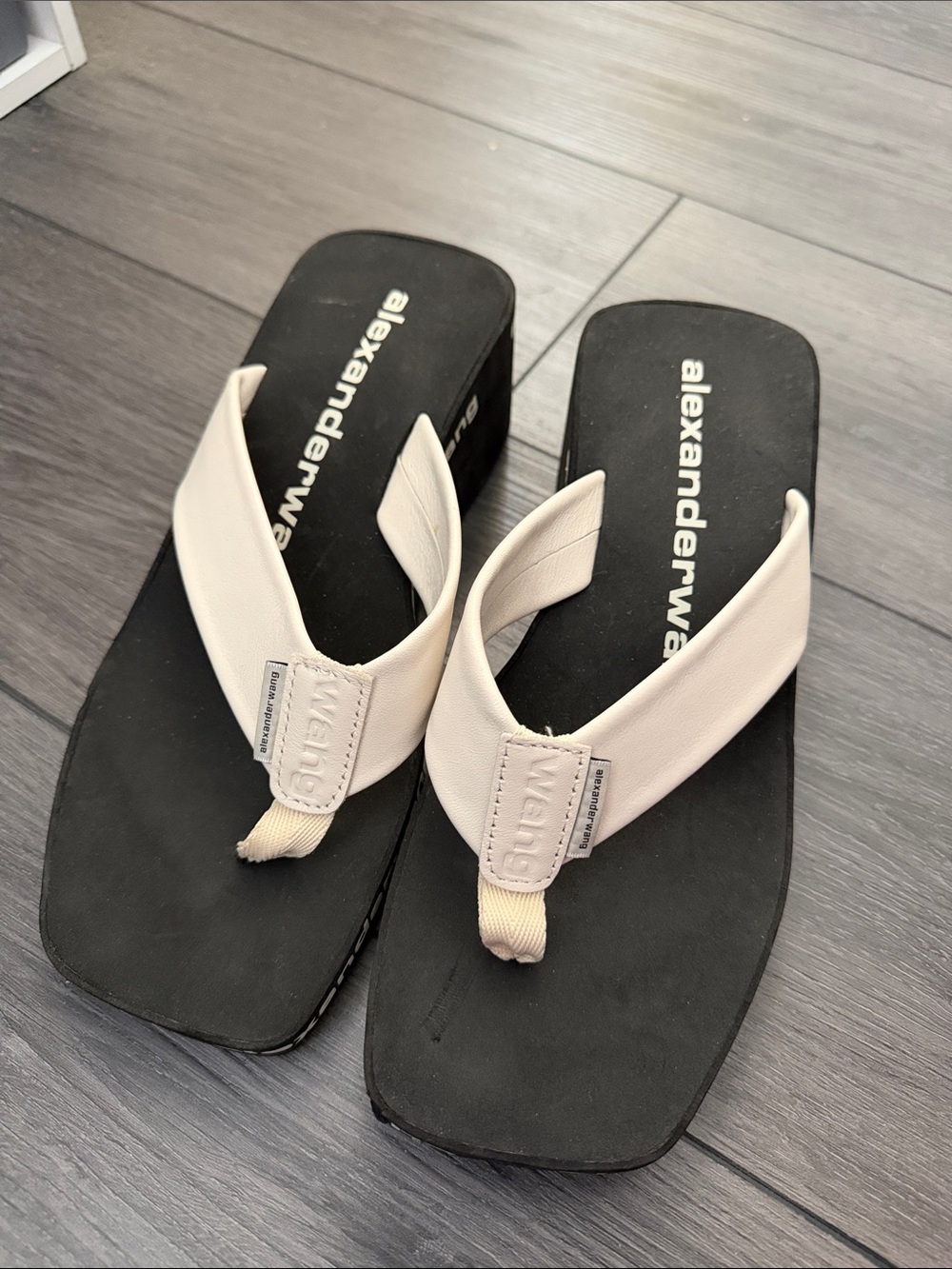 Alexander Wang Black Platform Flip-Flop Sandals with White Straps